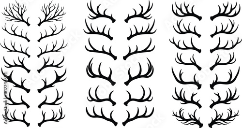 Deer and Elk Antlers Silhouette Collection Various Horn Shapes Rack Wildlife Hunting Hunting Season Nature Wilderness Forest Animal Decoration Isolated White Background