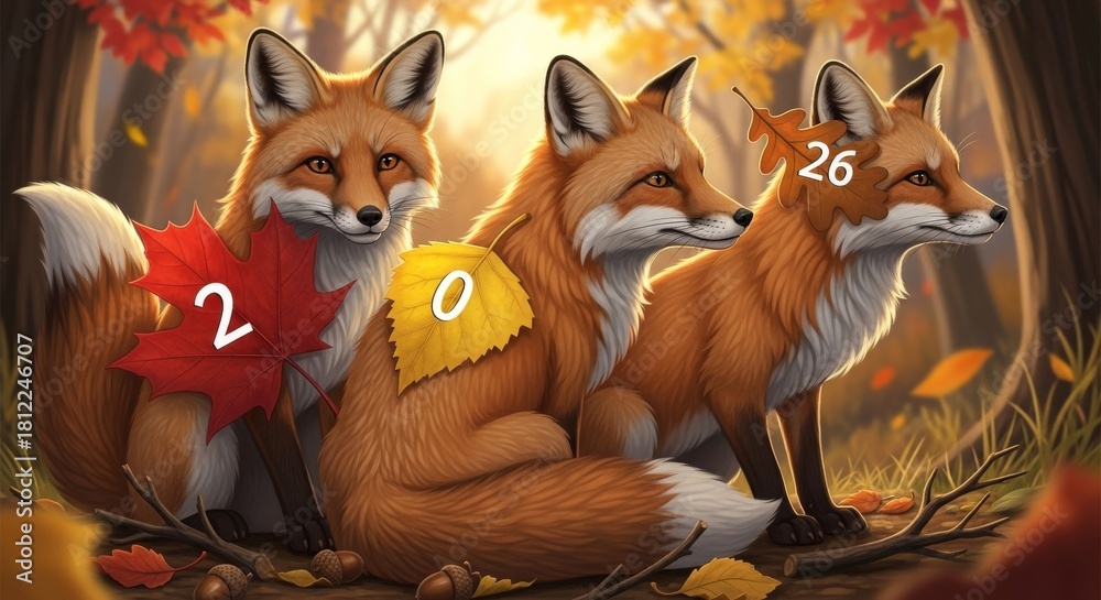 Fototapeta premium Three Foxes in Autumn Forest Cartoon - Cute cartoon of three foxes sitting amongst fallen leaves in an autumn forest. The illustration uses a warm color palette and soft lighting