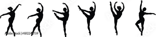 Six black silhouettes of ballerinas in various dance poses