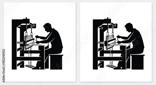 Silhouette of a person operating a vintage weaving loom side by side comparison