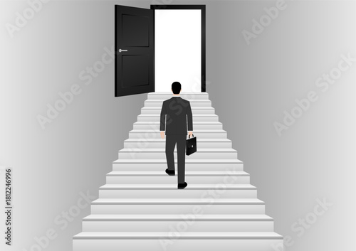 Businessman walking Upstairs to Opportunity Door. Business Opportunity and Success Career Concept. Vector Illustration. 