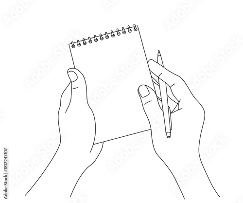 Line drawing of hands holding a notebook and pen. Minimalist outline illustration for writing, planning, note taking, education, productivity themes, vector, illustration, drawing, sketch, outlines