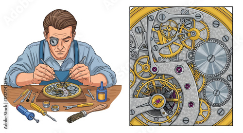 A watchmaker meticulously repairs intricate clockwork mechanisms with precision tools