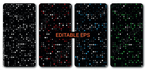 Set of four abstract digital backgrounds featuring a pattern of colorful glowing dots on a, suitable for mobile screen wallpaper or futuristic design element, editable vector