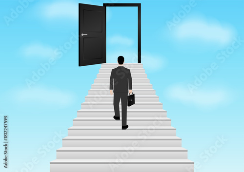 Businessman walking Upstairs to Opportunity Door. Business Opportunity and Success Career Concept. Vector Illustration. 