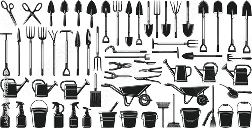 Extensive Gardening Tools Silhouettes Collection Shovels Forks Watering Cans Wheelbarrow Supplies Equipment Agriculture Horticulture Landscaping Farming Isolated Grey Background