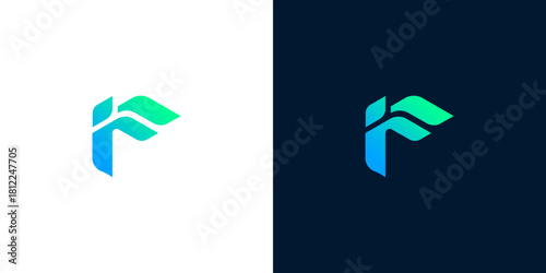 Modern abstract letter F logo design concept with a dynamic wing shape. Corporate identity symbol in a vibrant blue and green gradient for technology business