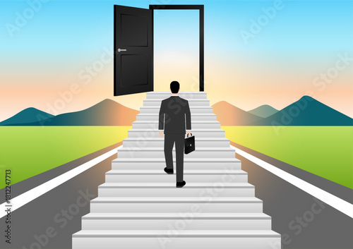 Businessman walking Upstairs to Opportunity Door. Business Opportunity and Success Career Concept. Vector Illustration. 