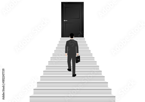 Businessman walking Upstairs to Opportunity Door. Business Opportunity and Success Career Concept. Vector Illustration. 