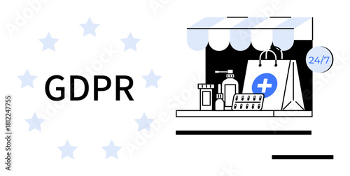 GDPR text with stars, online pharmacy storefront, medicines, shopping bag, and 247 sign. Ideal for data privacy, compliance, e-commerce, healthcare law digital security simple flat metaphor