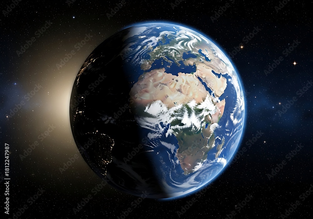 Fototapeta premium Planet Earth floating in a star-filled void, with clear features of the African continent and the Mediterranean Sea visible
