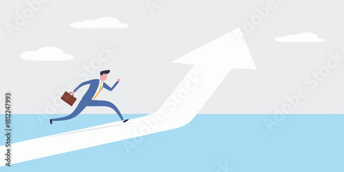 Businessman running up an upward arrow representing growth and success
