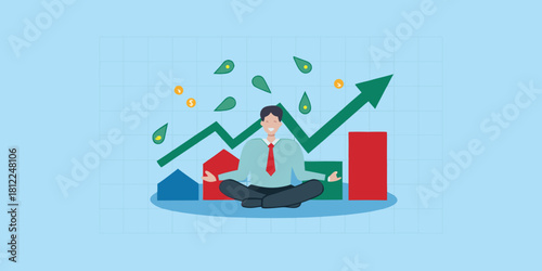 Businessman meditating amidst financial growth and falling money