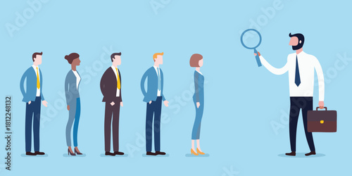 Recruiter inspecting candidates with magnifying glass