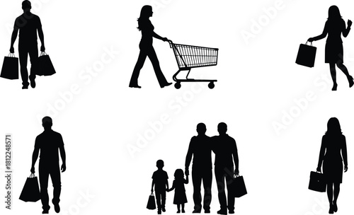 Silhouette Black and White People Shopping Family Retail Commerce Consumerism Activity Leisure Time Standing Walking Holding Shopping Cart Bags Reflections Isolated White Background
