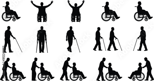 Silhouettes of Disabled People in Wheelchairs and Crutches Mobility Aid Assistance Caregiver Support Disability Health Care Social Inclusion Isolated White Background