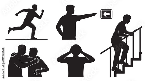 Set of silhouette people icons diverse actions and emotions vector illustration isolated on white background