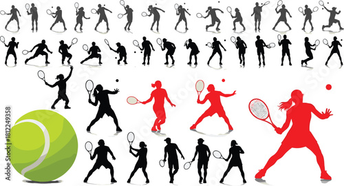 Tennis Player Silhouette Collection Dynamic Action Poses Serves Swings Hits Racket Ball Sports Fitness Training Competition Movement Isolated White Background
