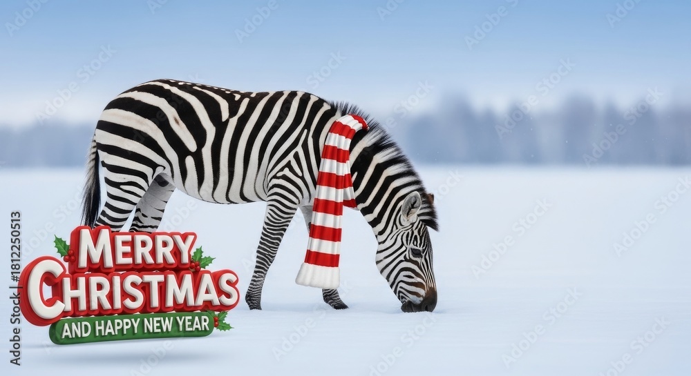 Obraz premium Zebra in Snow Merry Christmas - Festive zebra with scarf in snowy winter landscape, wishing Merry Christmas and Happy New Year
