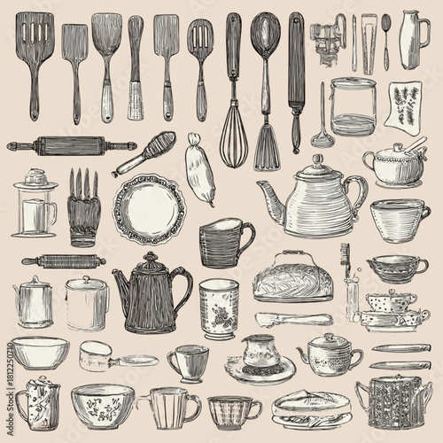 Vintage Kitchen & Cooking Tools Line Art Collection for Retro Recipe Design