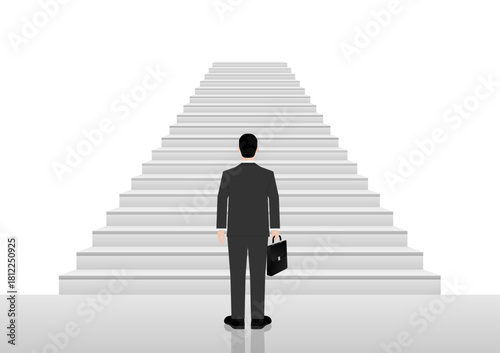 Businessman is Going to Walk Upstairs. Business Success or Goal Achievement Concept. Vector Illustration. 