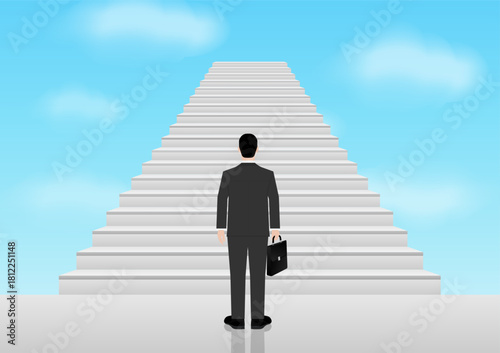 Businessman is Going to Walk Upstairs. Business Success or Goal Achievement Concept. Vector Illustration. 