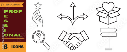 Set of six professional black and white line icons representing business concepts like choice, quality, search, partnership, and gift