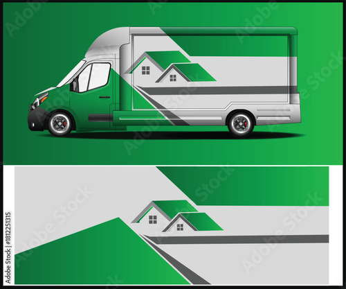 Green and white delivery van with house graphic for real estate business