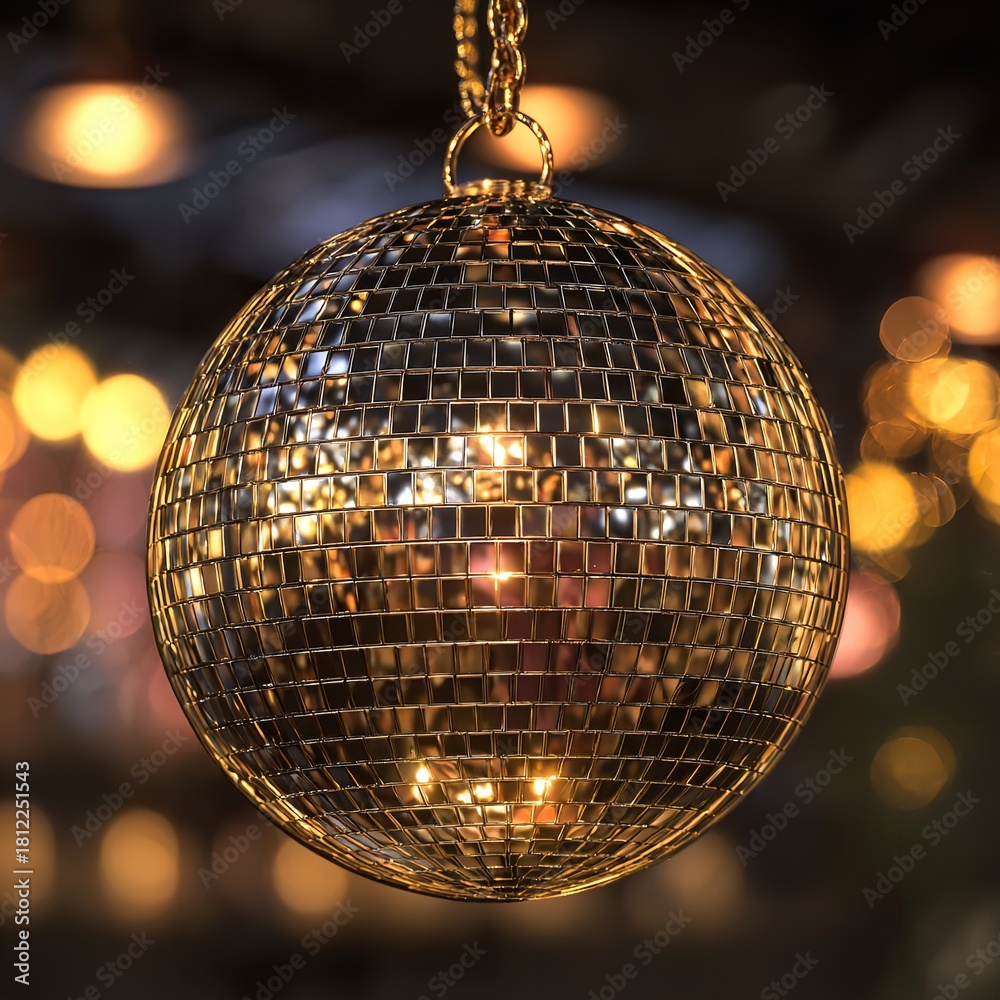 Obraz premium A golden disco ball hanging from a chain with blurred lights in the background creating a festive atmosphere