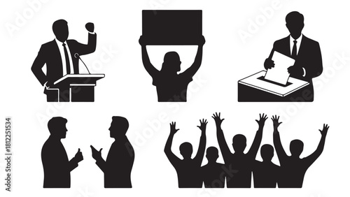 Set of political election icons vector silhouette illustration of people voting protesting and giving speeches isolated on white background