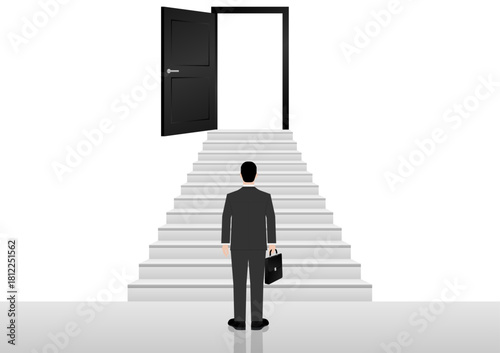 Businessman looking for Opportunity Door. Business Opportunity and Success Career Concept. Vector Illustration. 