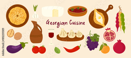 Traditional Georgian cuisine vector set with khinkali, khachapuri, cheese, wine, vegetables, fruits, spices and national dishes. Colorful isolated food elements for menu, design and decoration.