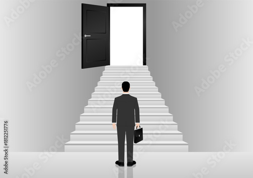 Businessman looking for Opportunity Door. Business Opportunity and Success Career Concept. Vector Illustration. 