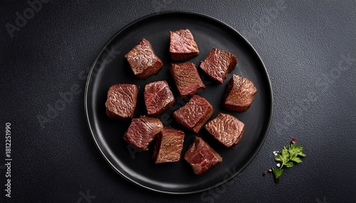 seared beef cubes on black plate top view food photography steak recipe gourmet meal beef cubes pan seared steak
