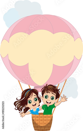 Girl and boy on a hot air ballon in the clouds