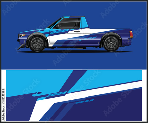 Blue and white pickup truck with custom wrap design illustration