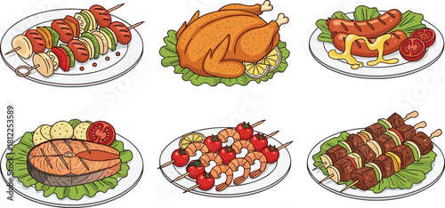 Grilled food plates, roasted chicken, skewers, salmon steak, sausage, shrimp, beef cubes, cartoon meal, culinary illustration, garnish