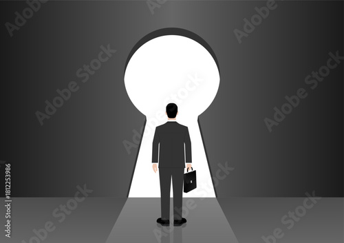 Businessman looking for New Opportunity in Keyhole Door. Business Opportunity and Career Success Concept. Vector Illustration. 