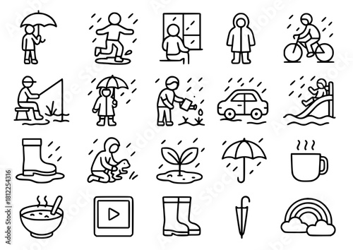 Collection of rainy season themed icons, outline version