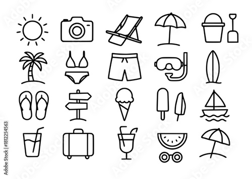 Beach themed icon collection, outline version