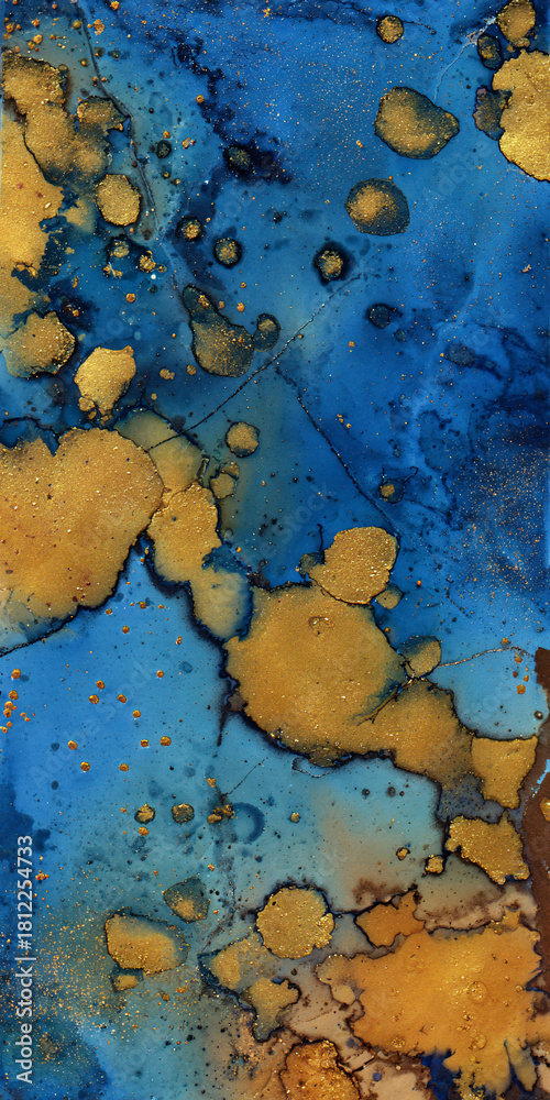 Obraz premium Abstract blue and gold fluid art painting with shimmering metallic texture, creating a luxurious and elegant backdrop for modern design and artistic expression