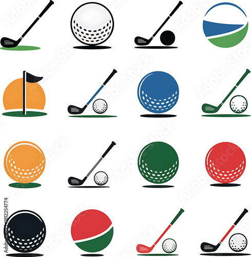 Golf sport ball and bat icons collection with clubs flags