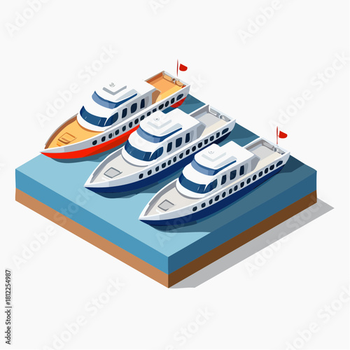Three yachts docked on water platform – vector illustration of luxury boats