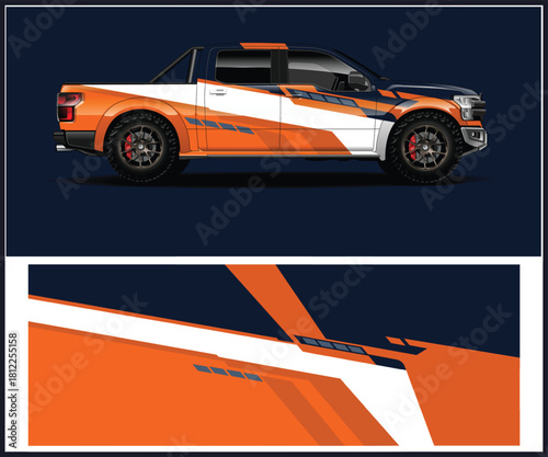 Modern orange and white graphic wrap design for pick up truck vehicle