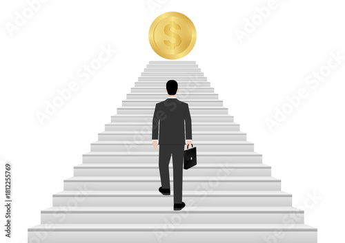 Businessman walking Upstairs to Achieve his  Goal which is Business Profit. Business Success or Goal Achievement Concept. Vector Illustration. 
