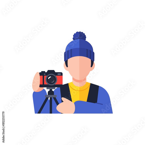 Stylized icon of a photographer with a camera on a tripod, ready to capture creative moments