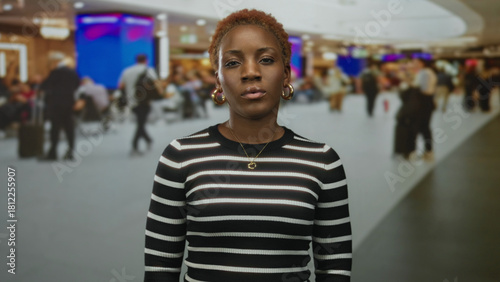 Woman wearing black and white striped sweater and necklace standing with eyes closed at an airport terminal; serenity contemplation.