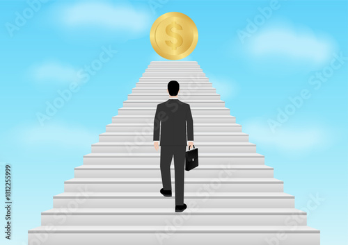 Businessman walking Upstairs to Achieve his  Goal which is Business Profit. Business Success or Goal Achievement Concept. Vector Illustration. 