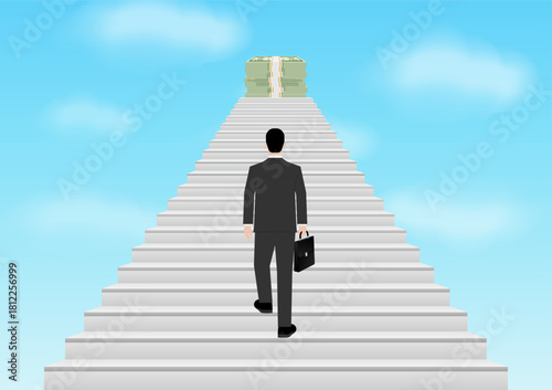 Businessman walking Upstairs to Achieve his  Goal which is Business Profit. Business Success or Goal Achievement Concept. Vector Illustration. 