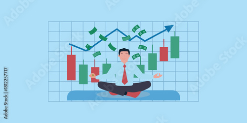 Businessman meditating amidst financial growth and falling money
